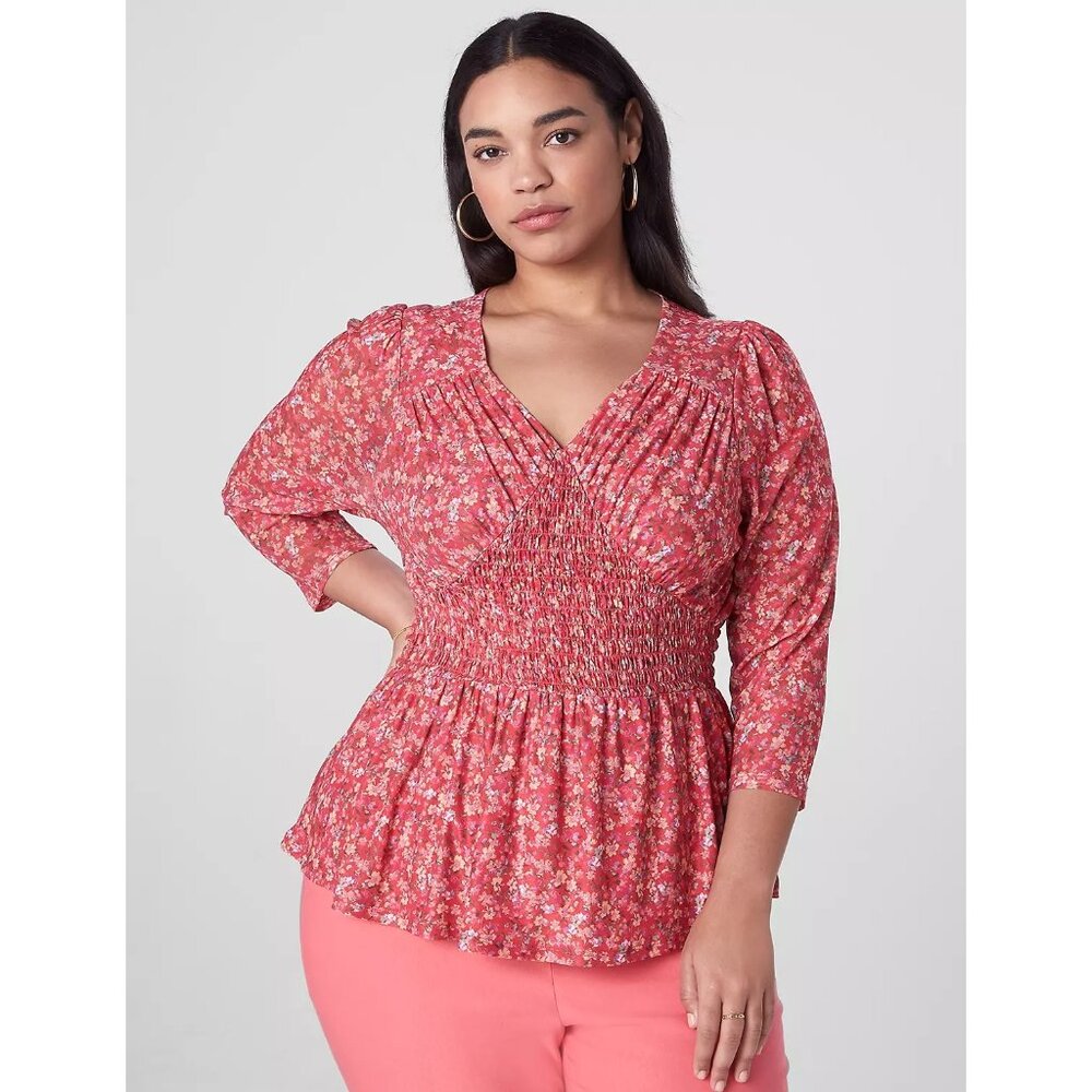 Lane Bryant Top Size 22/24 Fitted Smocked Waist Mesh Floral V Neck Red Pink Boho